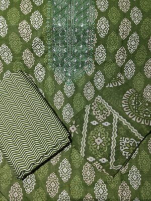 Dark Olive Cotton 3 Piece Dress Material with Thread Work and Digital Printed Dupatta