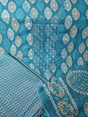 Teal Blue Cotton 3 Piece Dress Material with Thread Work and Digital Printed Dupatta