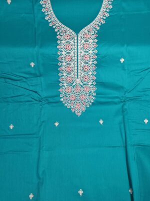 Turquoise Pure Zam Cotton 3 Piece Dress Material with Lucknowi Thread Embroidery and Swarovski Diamond work 2