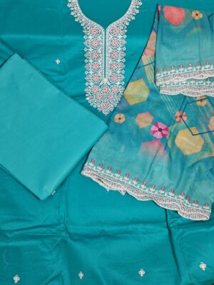 Turquoise Pure Zam Cotton 3 Piece Dress Material with Lucknowi Thread Embroidery and Swarovski Diamond work 3