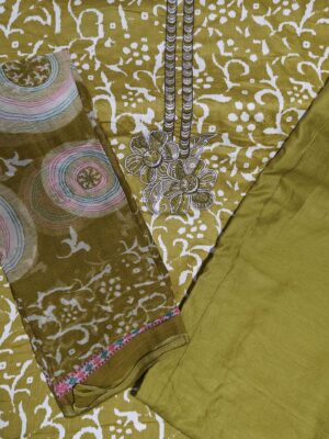 Bronze Yellow Fine Cotton Printed 3 Piece Designer Dress Material with Thread Work