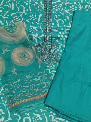 Sea Green Fine Cotton Printed 3 Piece Designer Dress Material with Thread Work