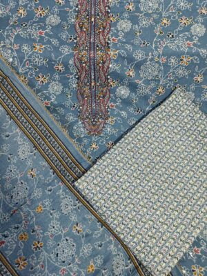 Cool Blue Pure Cambric Cotton 3 Piece Designer Material with Fancy Embroidery and Foil work