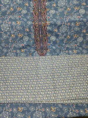 Cool Blue Pure Cambric Cotton 3 Piece Designer Material with Fancy Embroidery and Foil work