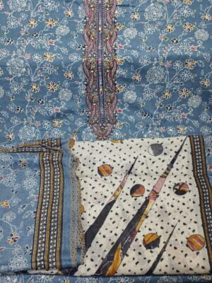 Cool Blue Pure Cambric Cotton 3 Piece Designer Material with Fancy Embroidery and Foil work