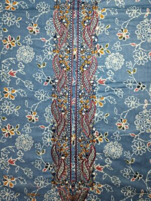 Cool Blue Pure Cambric Cotton 3 Piece Designer Material with Fancy Embroidery and Foil work