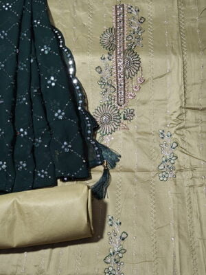 Olive Green Zam Cotton Designer 3 Piece Dress Material with all over Embroidery