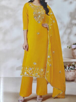 Yellow Organza Party wear 3 Piece Dress Material with Gota Patti and lace work