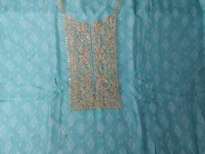 Sea Green Premium Organza Rajasthani print 3 Piece Dress Material with Tilla work