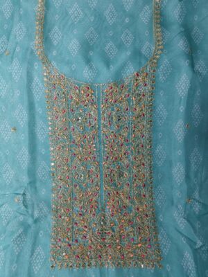 Sea Green Premium Organza Rajasthani print 3 Piece Dress Material with Tilla work