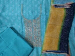 Sea Green Premium Organza Rajasthani print 3 Piece Dress Material with Tilla work