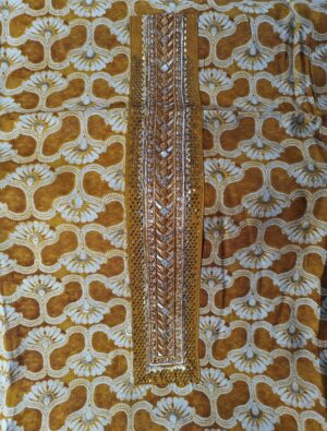 Golden Premium Cotton 3 Piece Dress Material with Swarovski work and lace on Panel