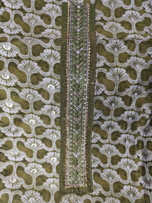 Olive Green Premium Cotton 3 Piece Dress Material with Swarovski work and lace on Panel