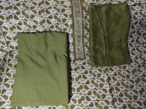 Olive Green Premium Cotton 3 Piece Dress Material with Swarovski work and lace on Panel