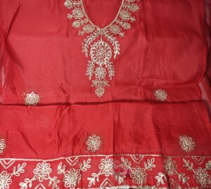 Red Organza Party wear 3 Piece Dress Material with Gota Patti and lace work