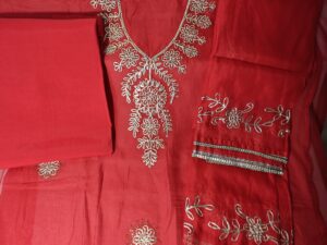 Red Organza Party wear 3 Piece Dress Material with Gota Patti and lace work