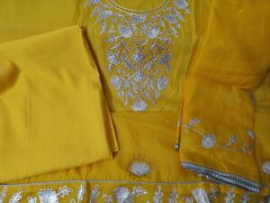 Yellow Organza Party wear 3 Piece Dress Material with Gota Patti and lace work