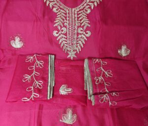 Magenta Organza Party wear 3 Piece Dress Material with Gota Patti and lace work