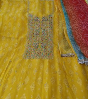 Sun Yellow Premium Organza Rajasthani print 3 Piece Dress Material with Tilla work