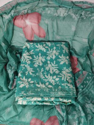 Sea Green Mulmul Cotton all over printed Dress Material with thread work for Co ord sets