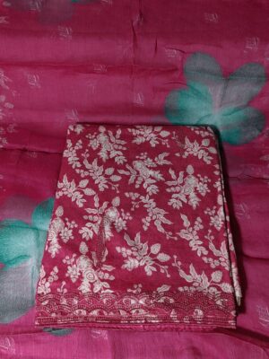 Dark Pink Mulmul Cotton all over printed Dress Material with thread work for Co ord sets