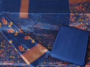 Dark Blue Chinon Kalamkari Print 3 Piece Party Dress Material