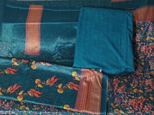 Teal Chinon Kalamkari Print 3 Piece Party Dress Material