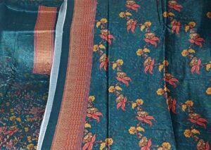 Teal Chinon Kalamkari Print 3 Piece Party Dress Material