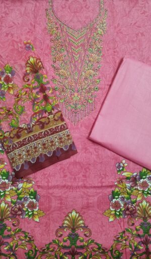 Mystic Pink Cambric Cotton Pakistani Print Fancy Embroidery 3 Piece Dress Material