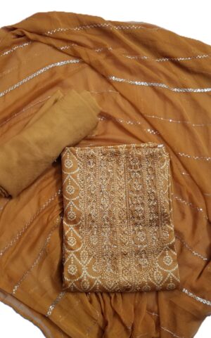 Golder Brown Zam Cotton 3 Piece Dress Material with Jaipuri Print, Thread work and Swarovski work on neckline