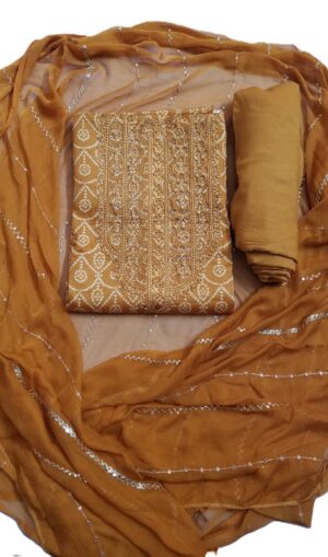 Golder Brown Zam Cotton 3 Piece Dress Material with Jaipuri Print, Thread work and Swarovski work on neckline