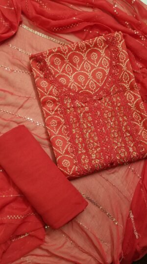 Venetian Red Zam Cotton 3 Piece Dress Material with Jaipuri Print, Thread work and Swarovski work on neckline