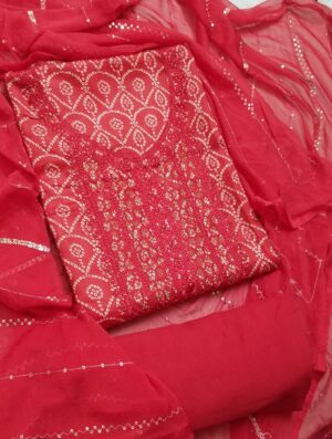 Venetian Red Zam Cotton 3 Piece Dress Material with Jaipuri Print, Thread work and Swarovski work on neckline