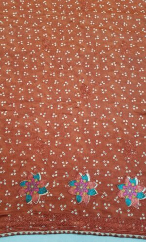 Rust Fine Cotton Jaipuri Print 3 Piece Dress Material with Thread Work