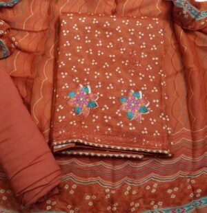 Rust Fine Cotton Jaipuri Print 3 Piece Dress Material with Thread Work