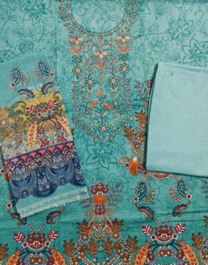 Sea Cyan Cambric Cotton Pakistani Print Fancy Embroidery 3 Piece Dress Material