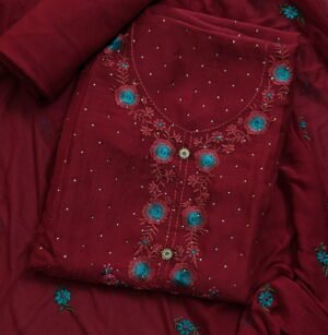 Maroon Pure Organza 3 Piece Dress Material with Thread Embroidery and Nazneen work Dupatta