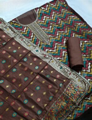 Chocolate Brown Jacquard Hand Woven Premium Designer 3 Piece Dress Material with Swarovski Diamond work