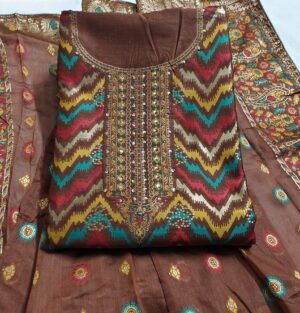 Chocolate Brown Jacquard Hand Woven Premium Designer 3 Piece Dress Material with Swarovski Diamond work