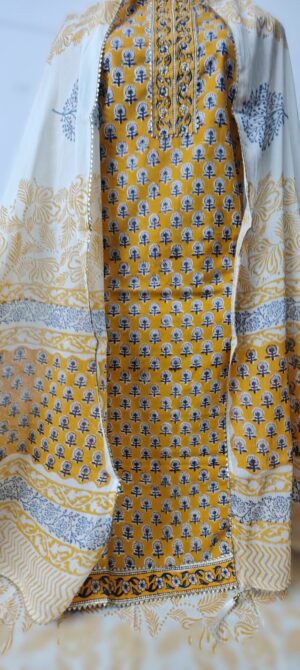 Turmeric Yellow Sanganeri Print Cotton 3 Piece Dress Material