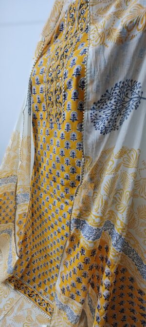 Turmeric Yellow Sanganeri Print Cotton 3 Piece Dress Material