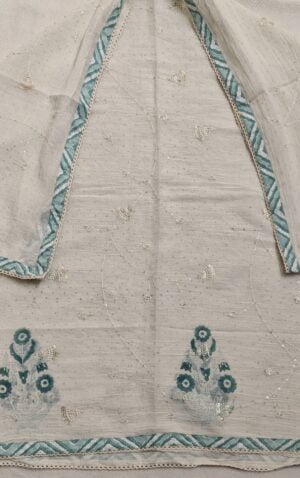 Sky Blue Sanganeri Hand Printed Cotton 3 Piece Dress Material with Lucknawi work