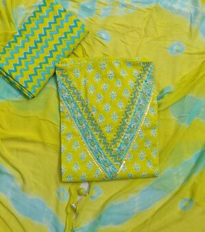 Greenish Yellow Sanganeri Print Cotton 3 Piece Dress Material with V Shaped Neck line