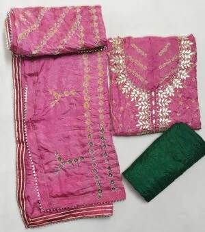 Pink Bandhej in Silk 3 Piece Dress Material with Neem Zari work