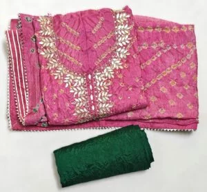 Pink Bandhej in Silk 3 Piece Dress Material with Neem Zari work