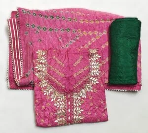 Pink Bandhej in Silk 3 Piece Dress Material with Neem Zari work