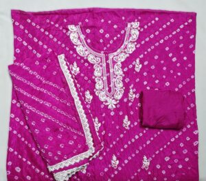 Rani Pink Bandhej Art Silk 3 Piece Dress Material with Lucknawi Work