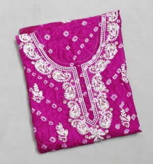 Rani Pink Bandhej Art Silk 3 Piece Dress Material with Lucknawi Work