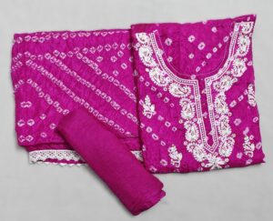 Rani Pink Bandhej Art Silk 3 Piece Dress Material with Lucknawi Work