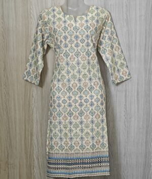 Creme Block Printed Kurta with Lucknawi work